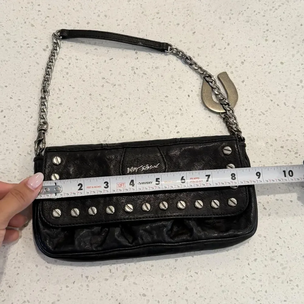 Vtg Betsey Johnson Shoulder Bag Small Black Studded Leather Chain Punk Rock Y2K